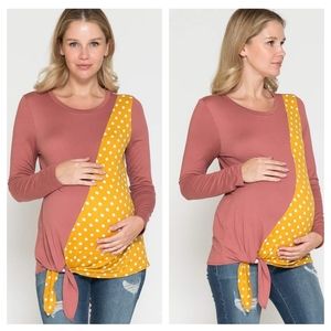 Querencial Maternity Soft Stretchy Color Block Dot Point Front Tie Knot Top NEW
